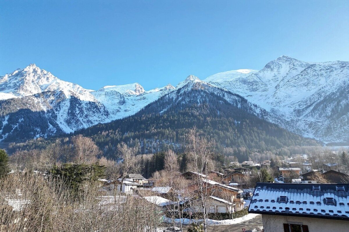 Snow-capped mountains and forested slopes loom over a village with snowy roofs under a clear blue sky on a bright winter day.