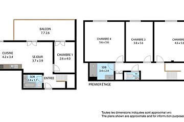 Two-level floor plan showing rooms like kitchen, living room, bedrooms (4), balcony, and multiple bathrooms, with dimensions in French.