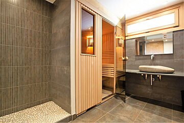 A bathroom with a sauna and a sink