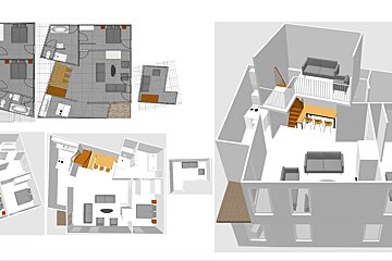 A 3d floor plan of a house with a balcony