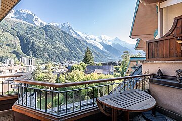 A balcony with a view of a mountain range