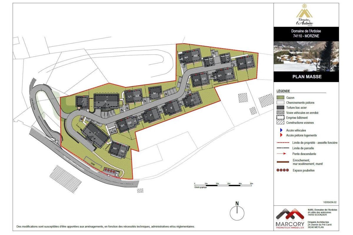 Architectural site plan of Domaine de l'Ardoise in Morzine, France, showing building layouts, roads, and a legend.