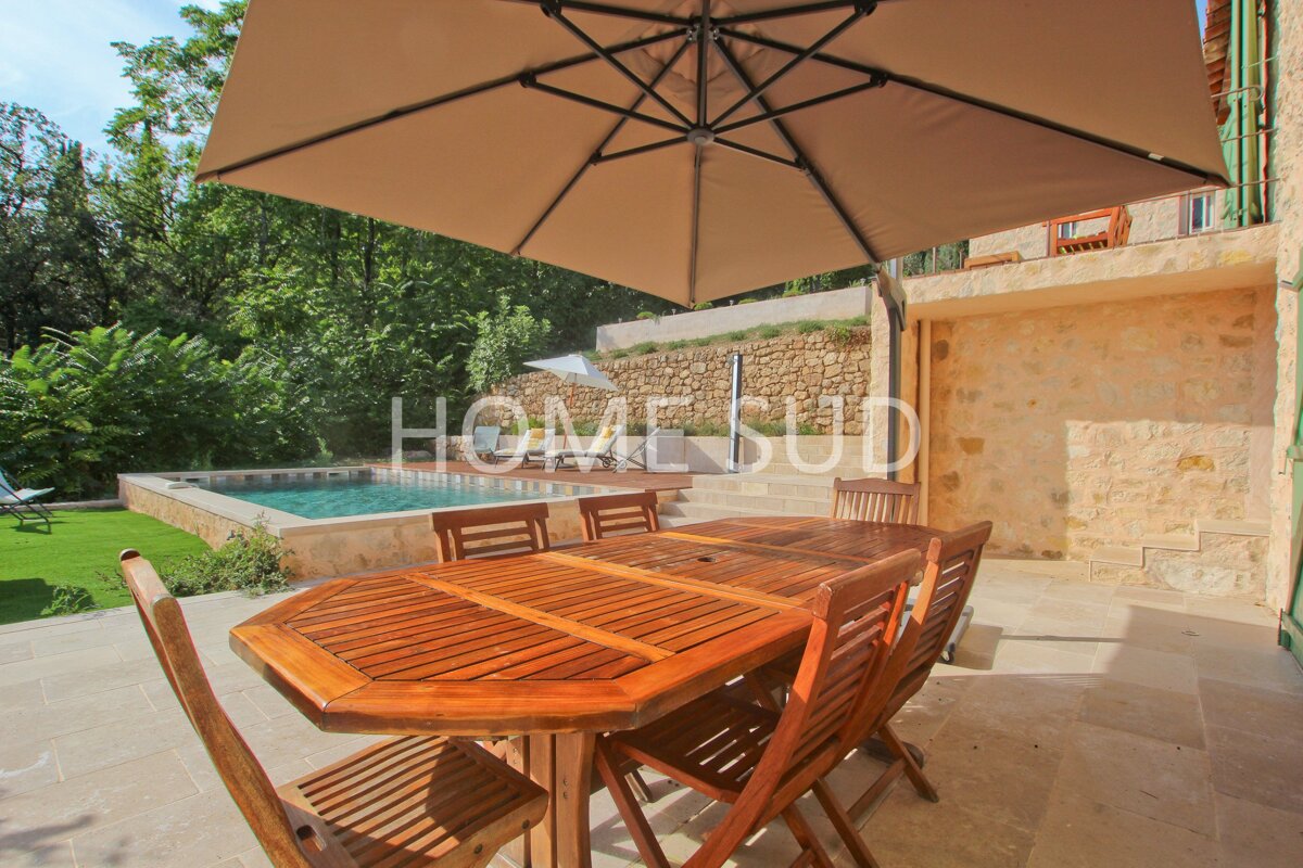 A table and chairs under an umbrella that says home sud