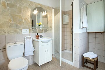 A bathroom with a toilet a sink and a shower