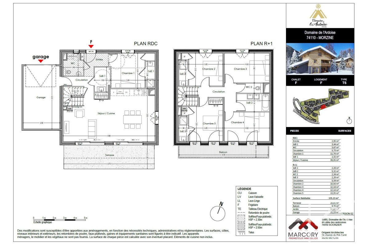 Architectural plans of a chalet in Morzine, showing ground & first floor layouts with rooms, surfaces, and an exterior view.