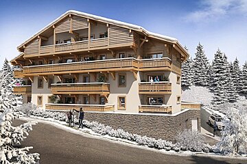 A modern, multi-story chalet-style apartment building with wooden balconies in a snowy mountain landscape. People are seen skiing and on balconies.