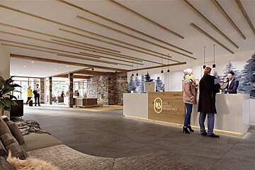 A modern hotel lobby featuring a wooden reception desk with guests checking in under a slatted timber ceiling and a cozy lounge area.