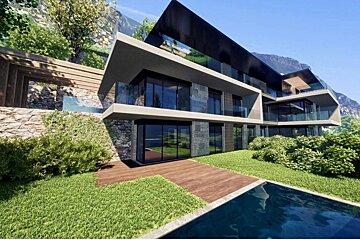 Modern luxury villa featuring glass walls, a swimming pool, a wooden patio, and green grass against a mountain backdrop.