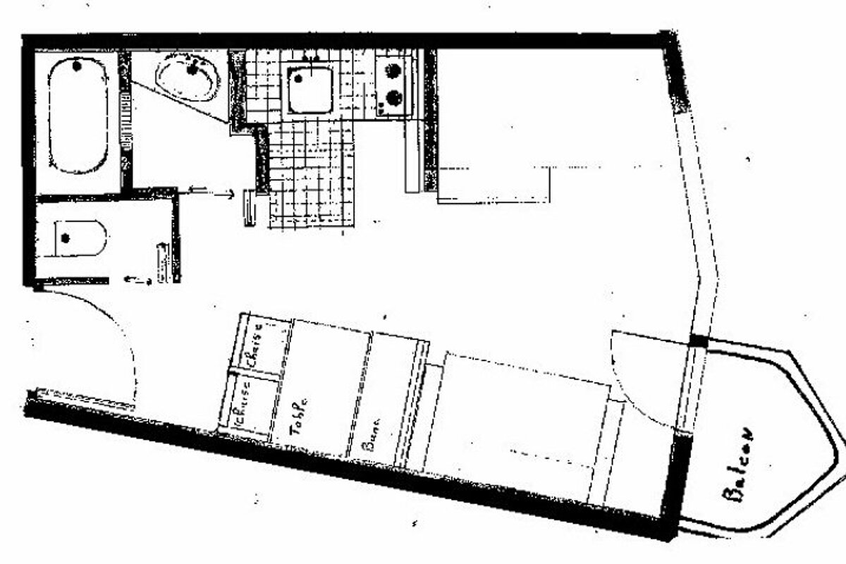A black and white floor plan of a house with balcony