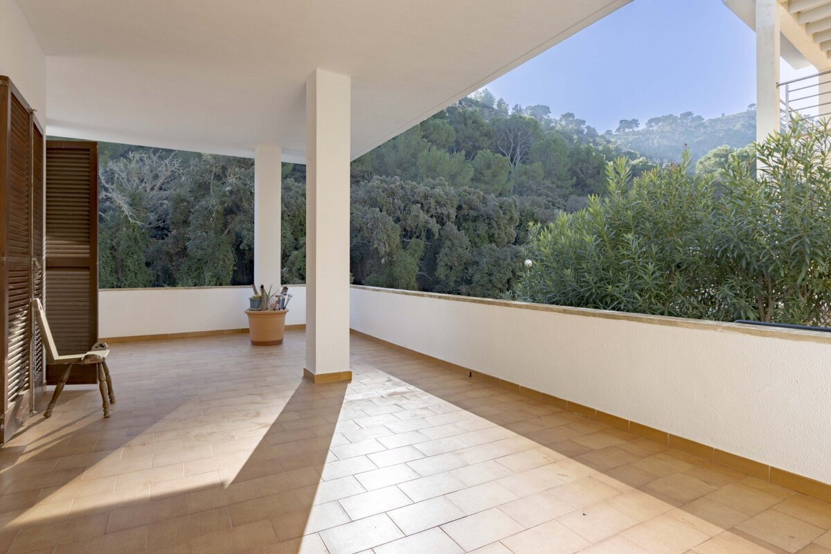 A balcony with a chair and a potted plant on it