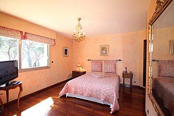 A bedroom with a single bed a television and a mirror