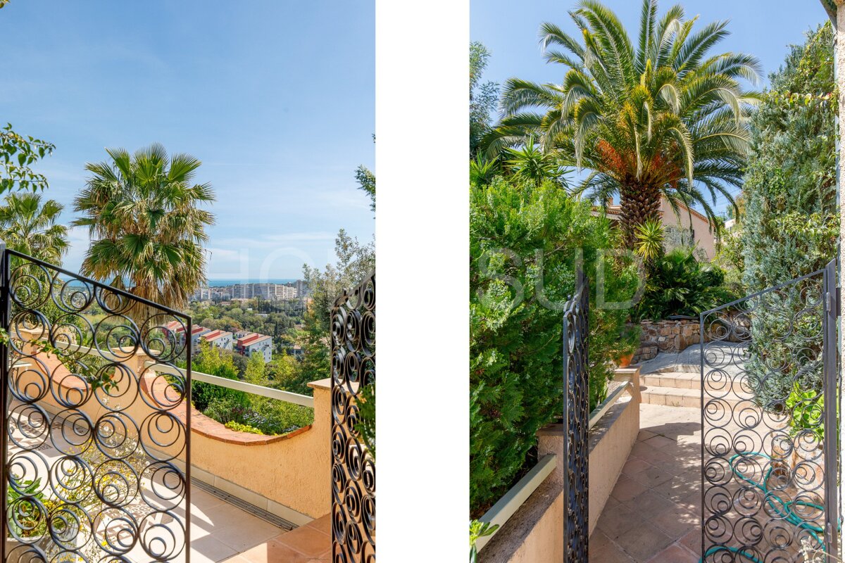 Two pictures of a palm tree and a wrought iron gate