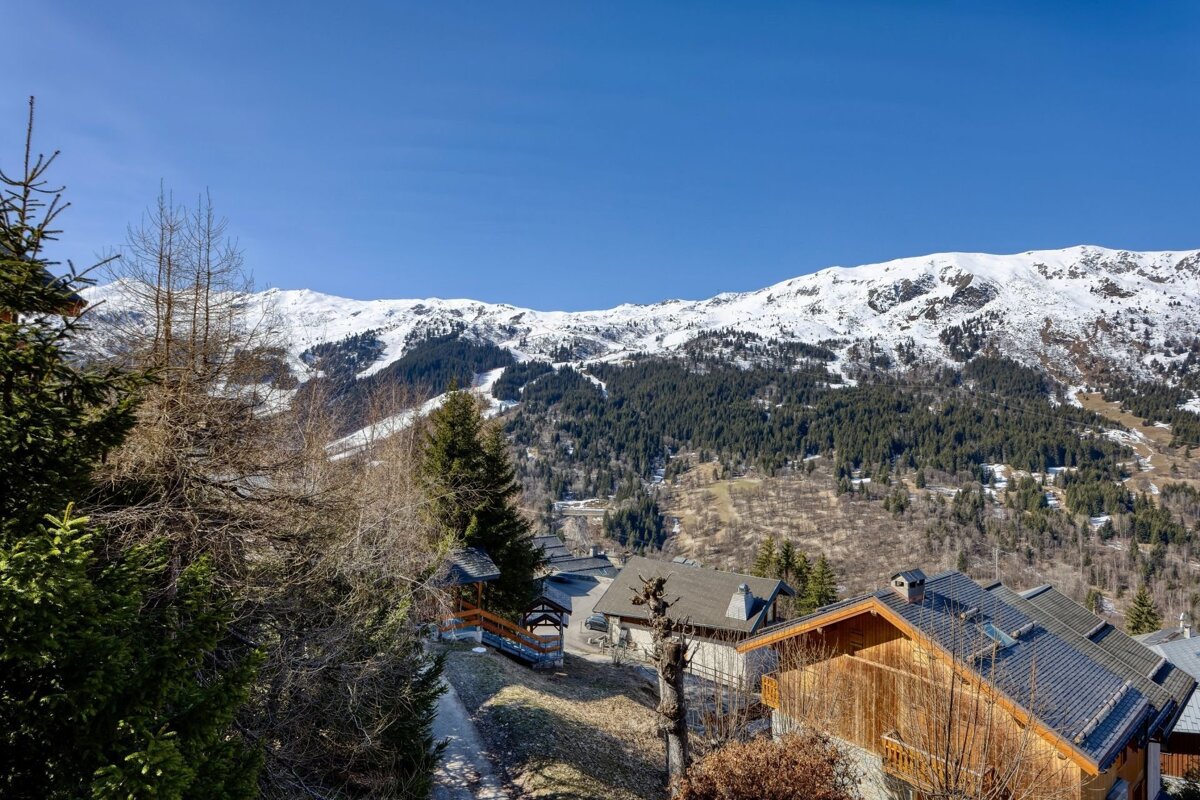 A scenic view of snow-capped mountains, dense forests, and traditional chalets nestled in a valley under a clear blue sky.
