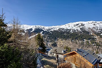 A scenic view of snow-capped mountains, dense forests, and traditional chalets nestled in a valley under a clear blue sky.