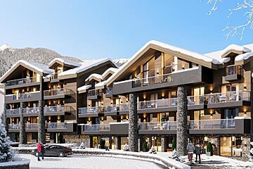 An artist 's impression of a ski resort with a car parked in front of it