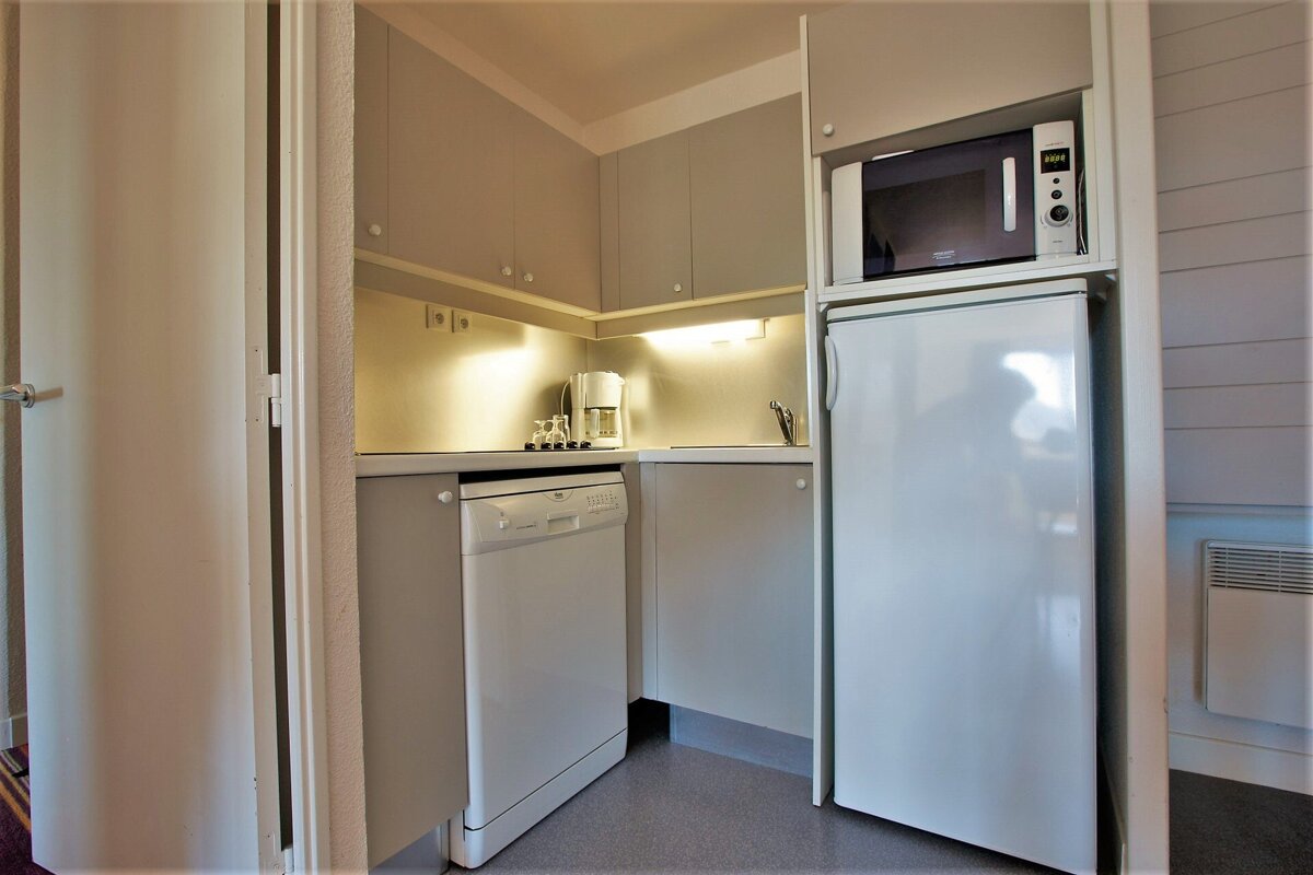 A small kitchen with a dishwasher a microwave and a refrigerator
