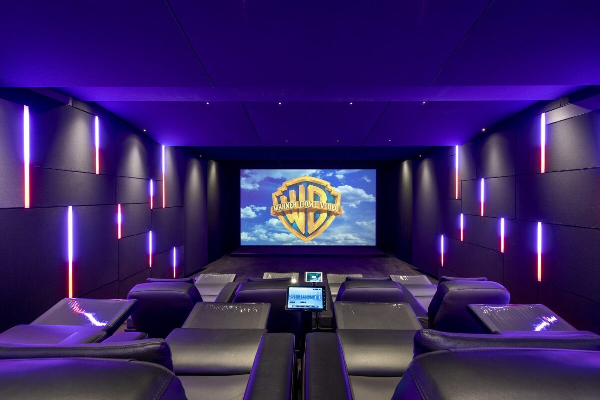 A theater with a screen that says wb on it