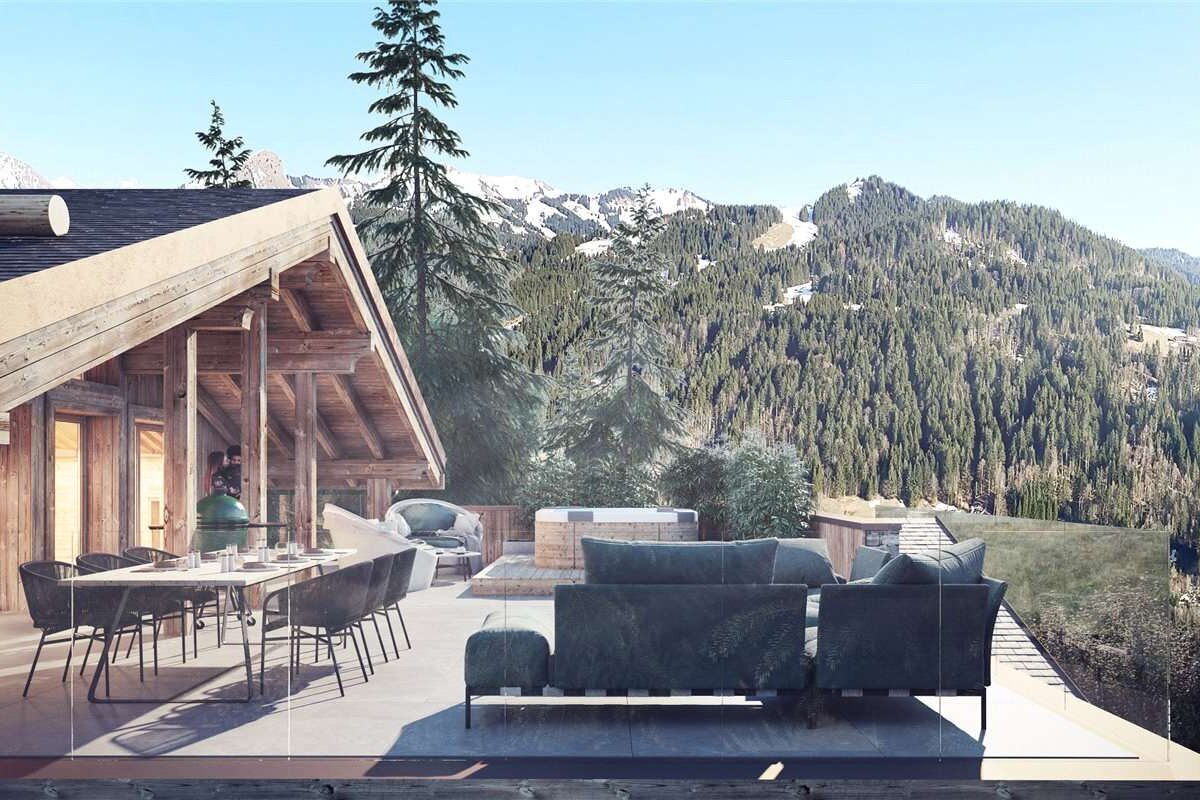 An artist 's impression of a house with mountains in the background