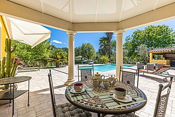 A patio with a table and chairs and a swimming pool in the background