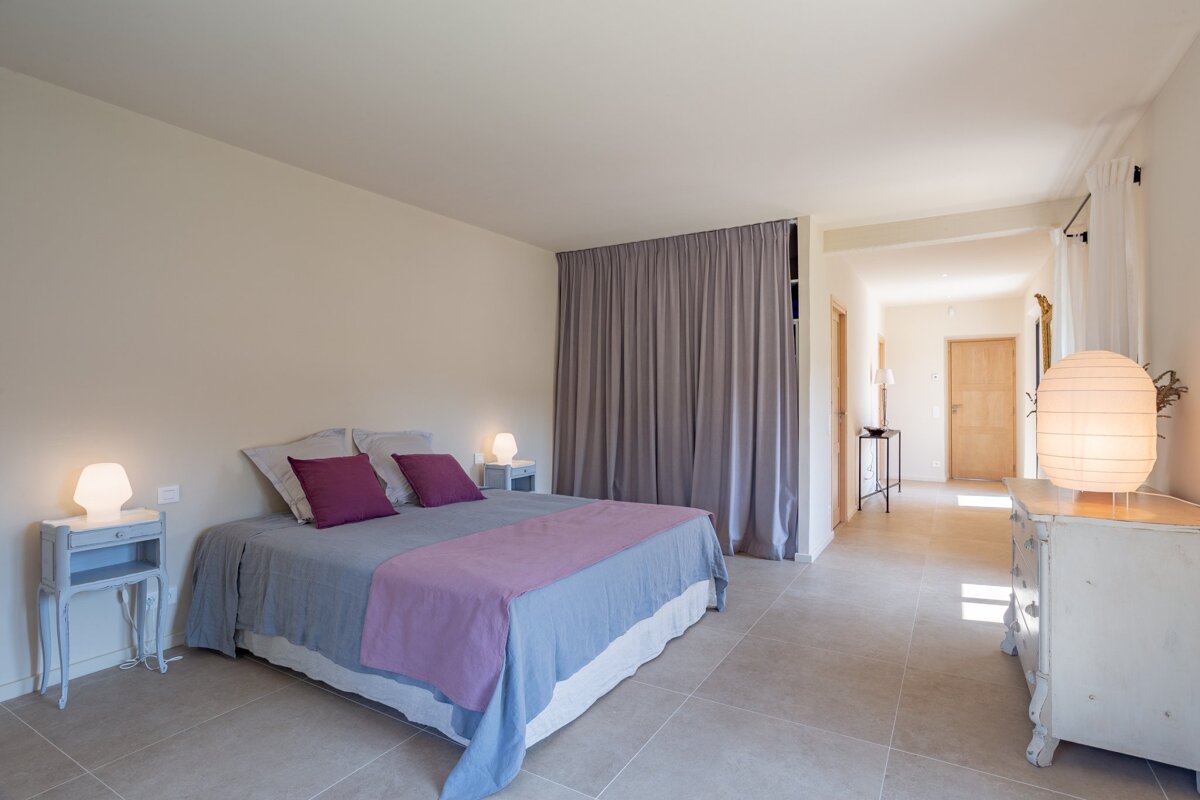 A bedroom with a bed and two nightstands