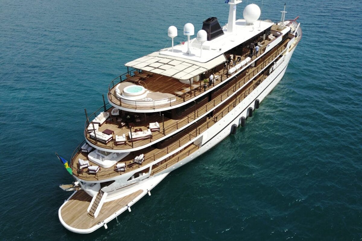An aerial view of a large yacht in the ocean
