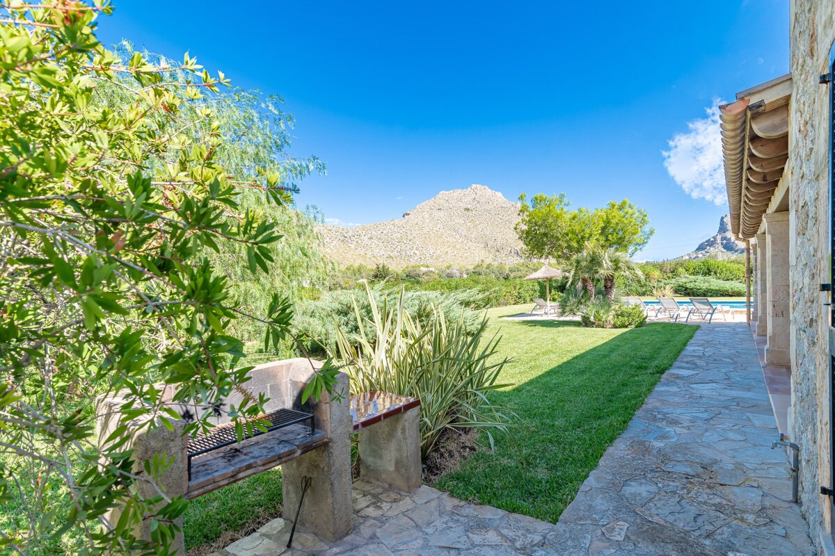 A lush green yard with a bbq and a mountain in the background