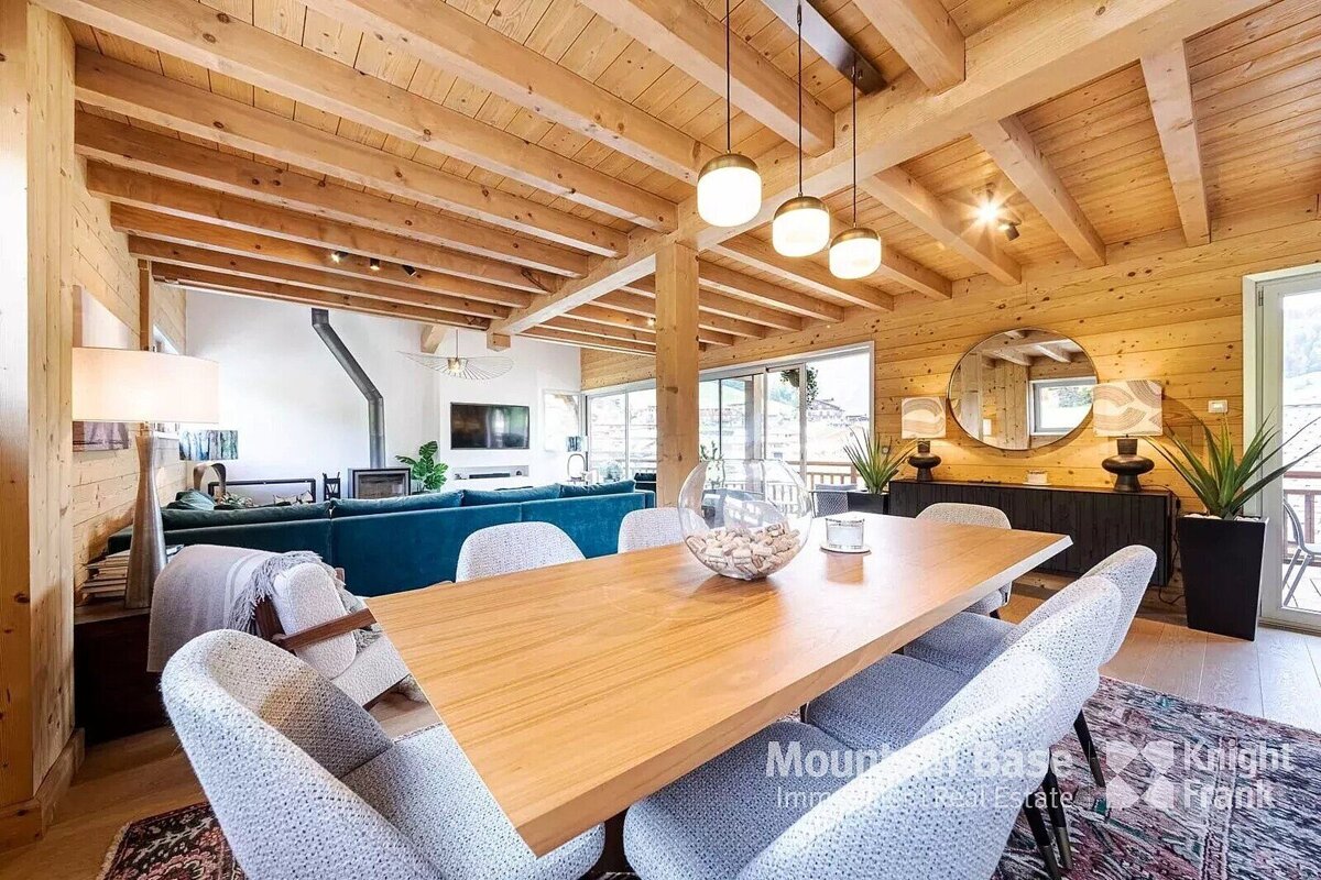 A dining room with a table and chairs and a sign that says mount base