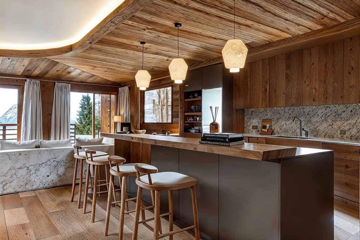 A cozy, modern chalet kitchen and living area with warm wood finishes, a long island bar, and large windows offering a stunning mountain view.