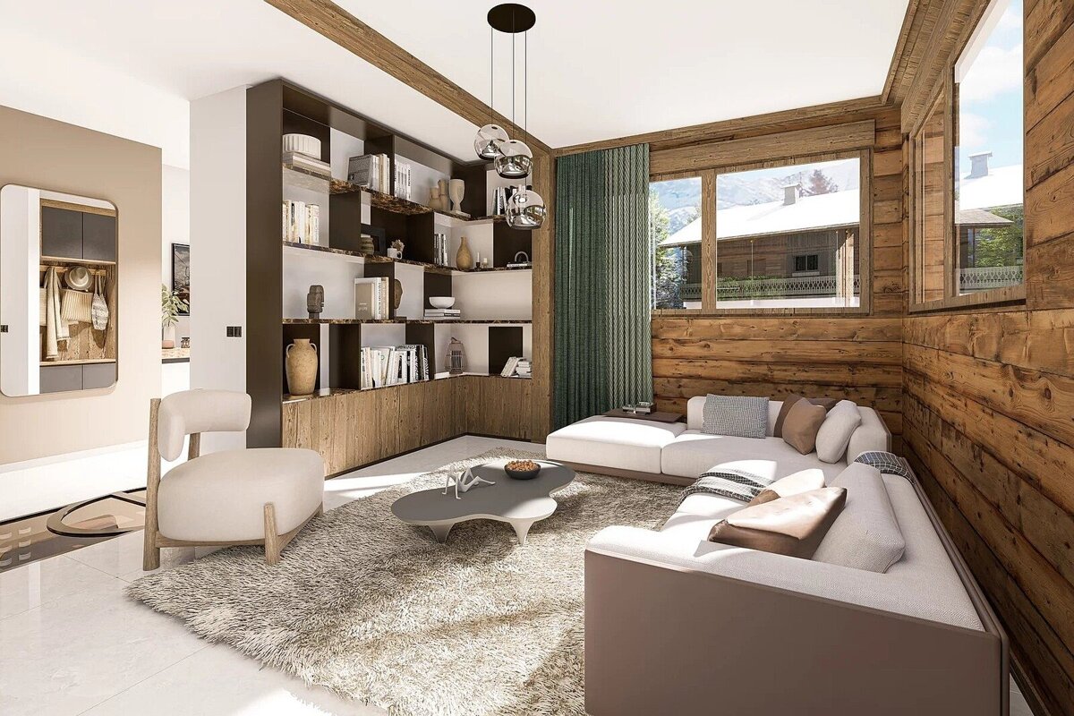 Modern chalet living room featuring rustic wood paneling, an L-shaped sofa, a shag rug, and windows with snowy views.