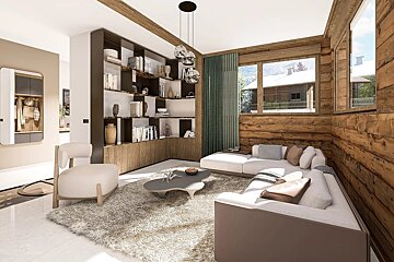 Modern chalet living room featuring rustic wood paneling, an L-shaped sofa, a shag rug, and windows with snowy views.