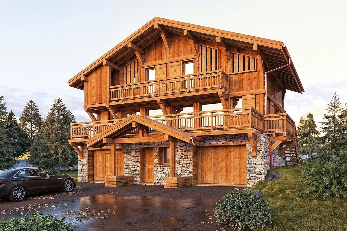A grand timber and stone chalet with multiple balconies and garages, nestled among pine trees. A car is parked on the wet driveway.
