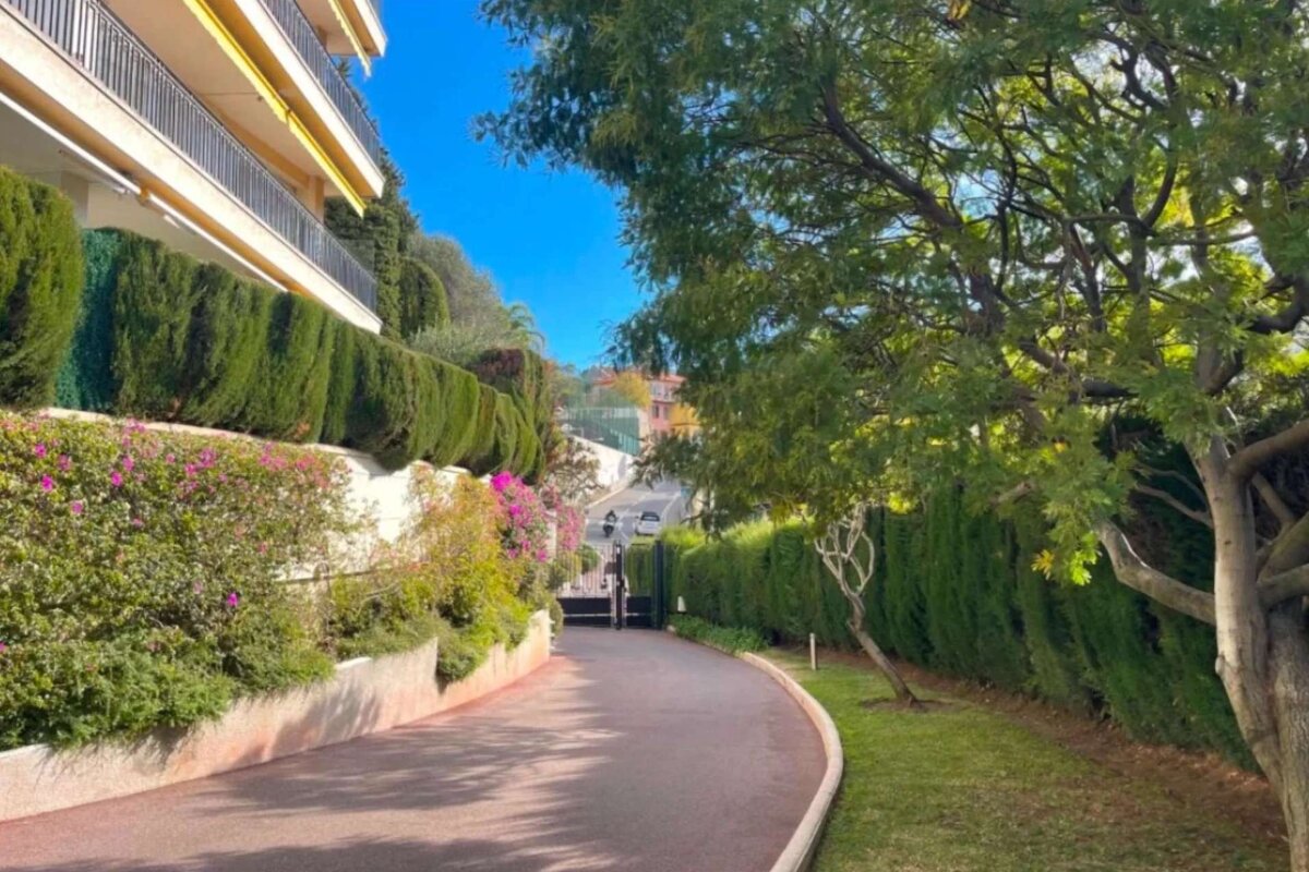 A curving driveway with lush hedges, pink flowers, and a building on the left, under a bright blue sky. A road with cars is visible in the distance.