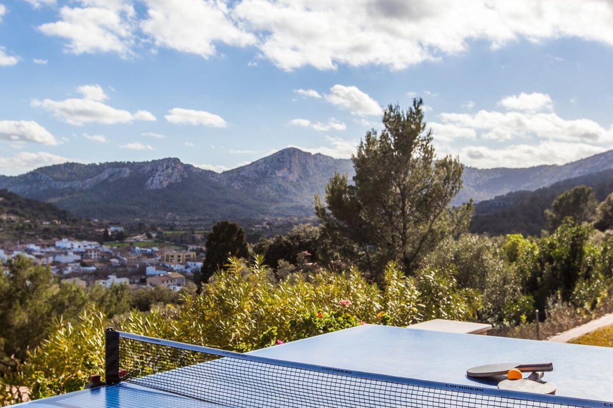 A ping pong table with a view of mountains in the background