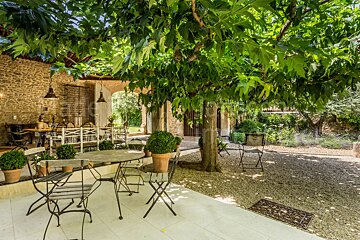 A patio with tables and chairs under a tree