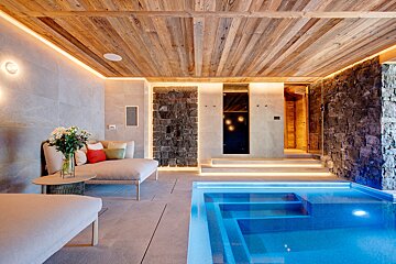 A swimming pool in a room with a wooden ceiling