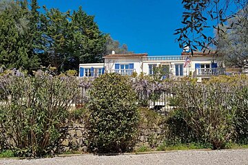 A charming white house with blue shutters, an American flag, and green trees in the background, visible over lush bushes and a stone wall.