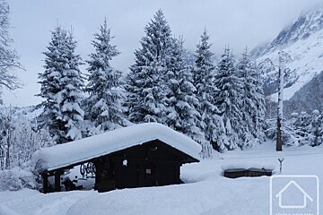 A snowy forest with a house in the foreground