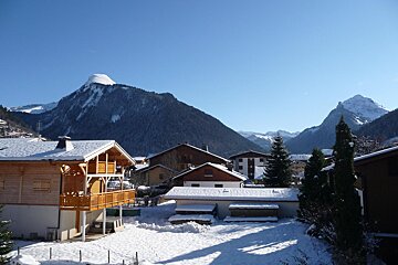 A snowy village with a mountain in the background