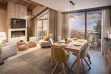 A cozy, modern alpine chalet living and dining area with warm wood walls, a fireplace, and large windows overlooking snowy mountains.