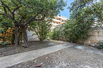 A concrete walkway in a garden with trees and a building in the background