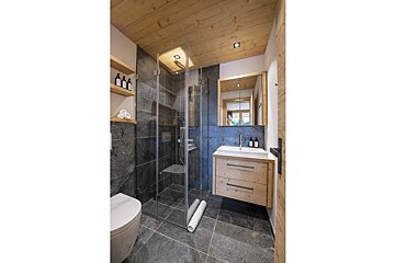 A bathroom with a toilet a sink and a walk in shower