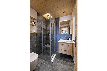 A bathroom with a toilet a sink and a walk in shower