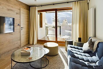 Modern living room with a blue sofa, glass coffee table, wood paneling, and sliding doors leading to a snowy balcony.