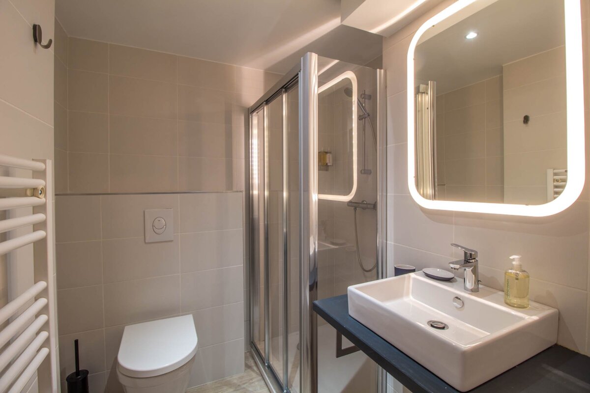 A bathroom with a toilet a sink and a mirror