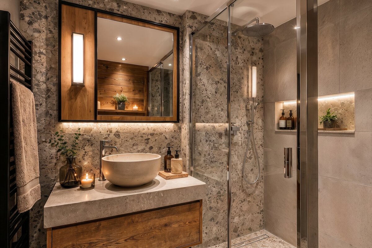A modern, rustic bathroom featuring a stone vessel sink, wooden vanity, terrazzo tiles, and a glass-enclosed shower with warm lighting.