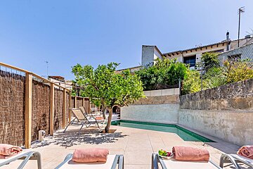 A swimming pool is surrounded by chairs and a tree