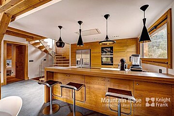 A kitchen with wooden cabinets and a blender from mountain base