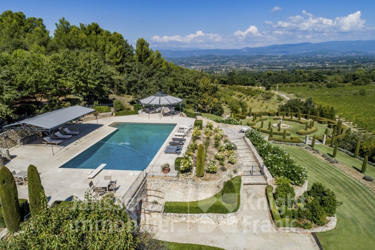 An aerial view of a large swimming pool surrounded by trees
