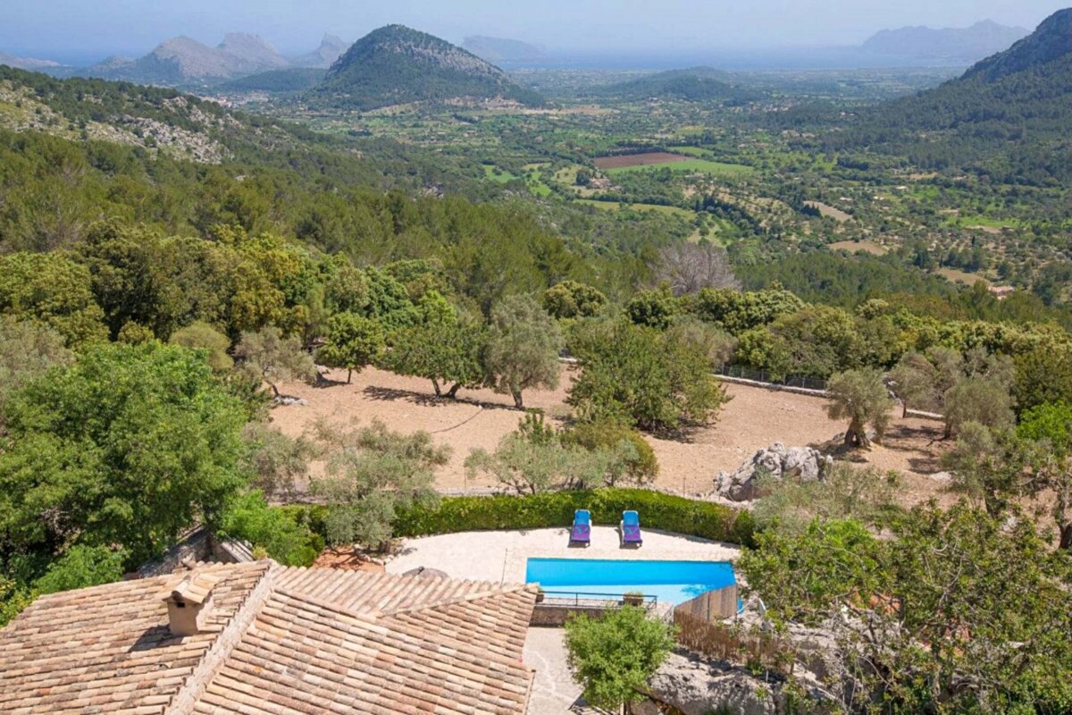 An aerial view of a lush green valley with mountains in the background