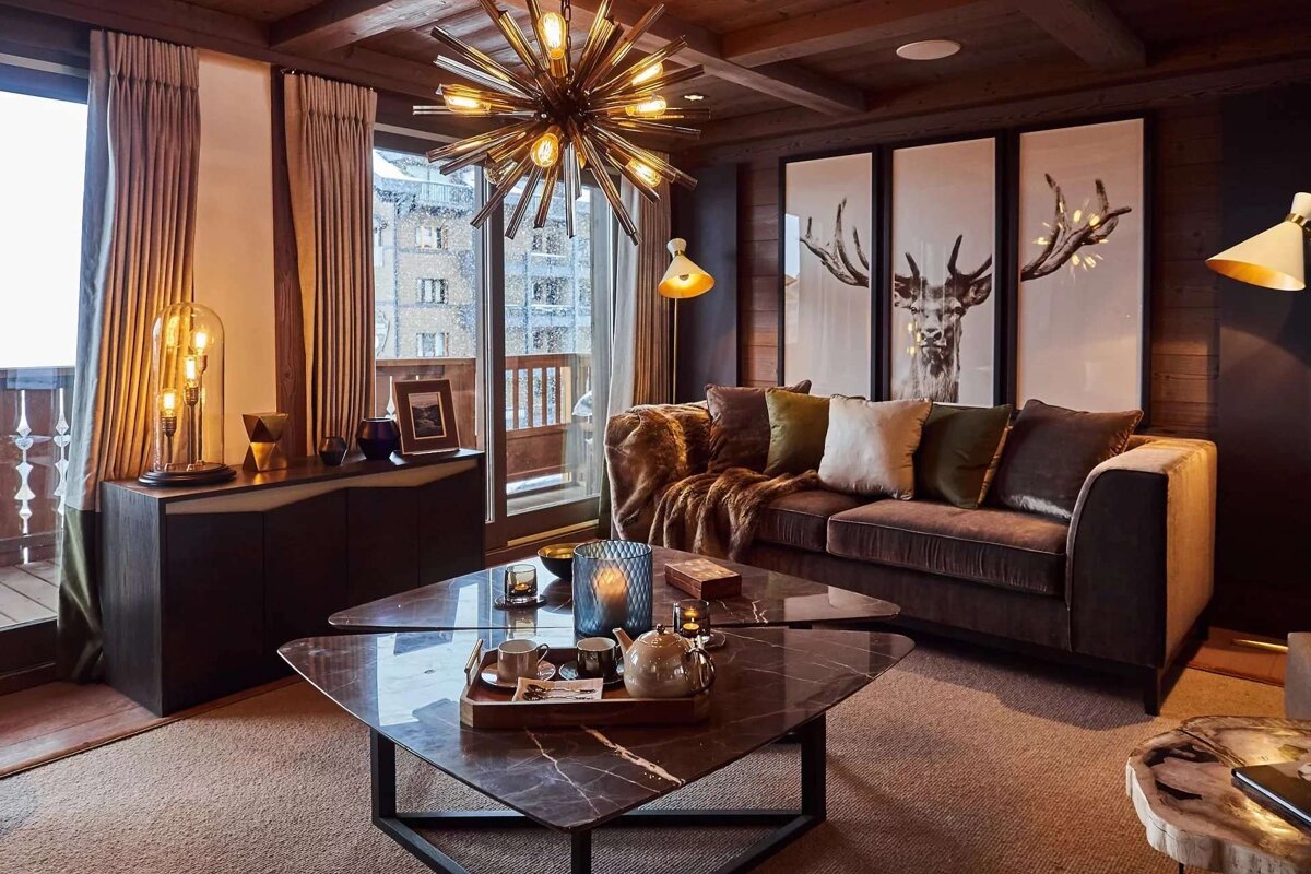 A living room with a couch and a coffee table